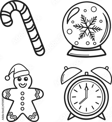 Outline christmas icons including candy cane gingerbread man snow globe and alarm clock festive holiday symbols isolated on transparent background