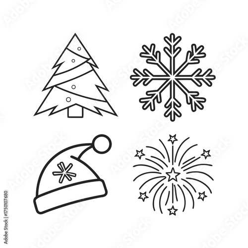 Festive holiday icons set featuring christmas tree santa hat and snowflakes for seasonal design isolated on transparent background