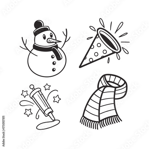 Charming hand-drawn winter icons featuring snowman scarf party hat and snowflakes isolated on transparent background