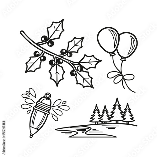 Whimsical botanical sketch collection hand drawn elements for design projects isolated on transparent background