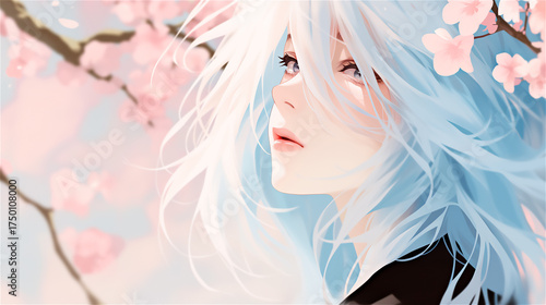 Anime-style girl with white hair and pink blossoms around, concept of spring, beauty and gentle emotion.