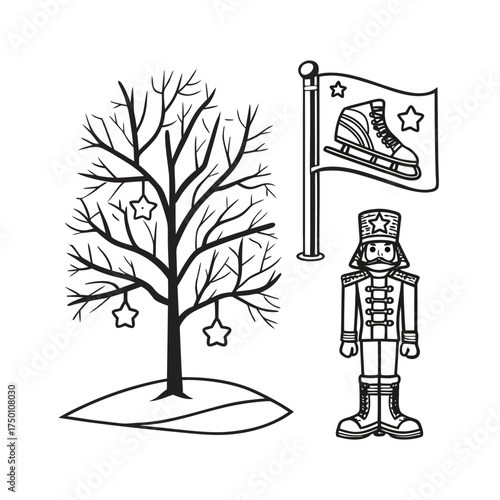 Minimalist outline of a bare tree and a soldier figure with flag symbol isolated on transparent background