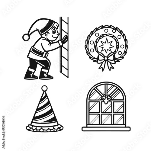 Set of four decorative christmas and winter holiday icons for festive design projects isolated on transparent background