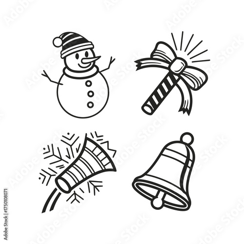 Christmas icons snowman candy cane bell horn festive decorations set collection isolated on transparent background