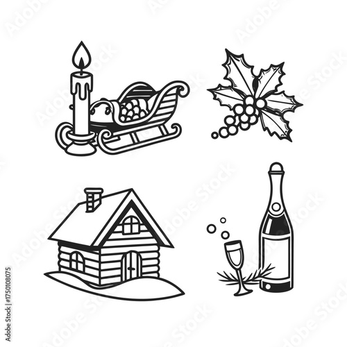 Cozy winter scene elements candle log cabin holly berry wine bottle graphics isolated on transparent background
