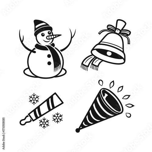 Four hand drawn christmas icons snowman bell party popper candy cane simple outline isolated on transparent background