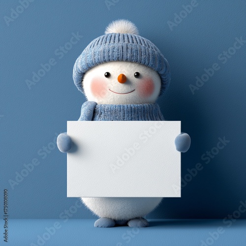 Snowman Wearing Blue Hat and Scarf Holds Blank Sign on Blue Background During...