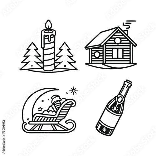 Set of four line art icons featuring buildings nature and bottle for graphic design projects isolated on transparent background