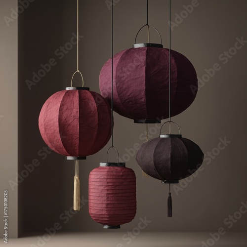 Decorative Lanterns in Shades of Burgundy and Black Hanging in Warm Indoor Light