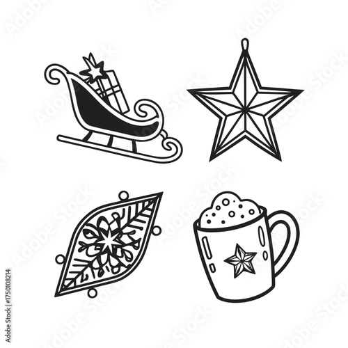 Festive christmas holiday icons outline collection featuring sleigh star ornament and hot cocoa mug isolated on transparent background
