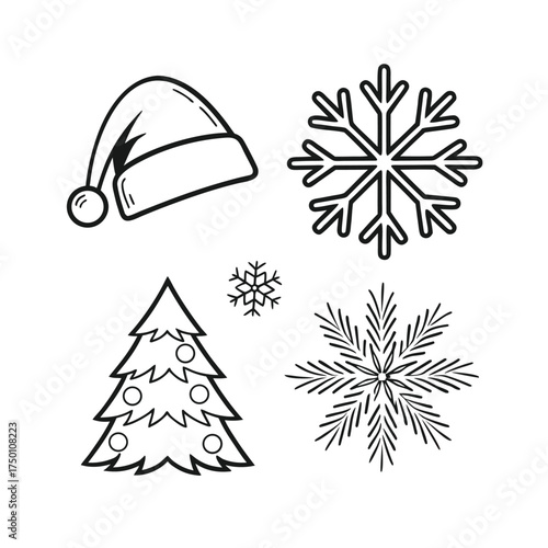 Festive christmas icons hand drawn line art for holiday design elements isolated on transparent background