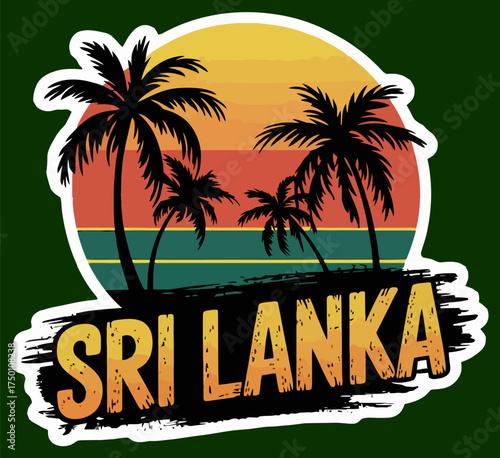 Sri Lanka Retro Sunset Sticker with Palm Trees Silhouette Vintage 80s Style Travel Badge Vector Design