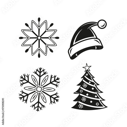 Four festive christmas symbols icons snowflake santa hat christmas tree isolated isolated on transparent background