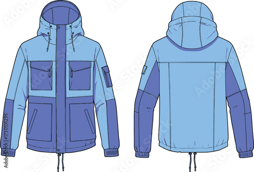 Vector flat sketch of two tone blue hooded parka jacket with flap pockets, zipper closure, drawstring hem, front and back view illustration