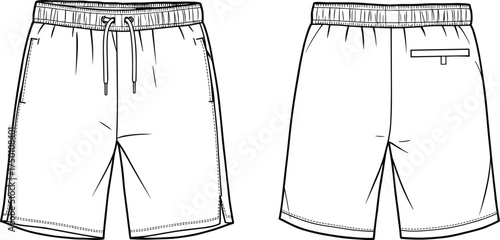 Vector illustration of men’s shorts front and back view, casual summer apparel design template, drawstring waistband, pocket details, clothing fashion technical sketch