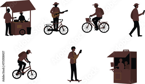 urban activities, street food cart, bicycle stunt, mobile phone use, guitar rider, skateboarder, taxi booth, city lifestyle, modern transport, leisure, technology