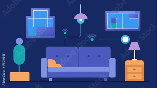 A living space with smart furniture that adjusts to comfort preferences tracking user habits through embedded sensors.