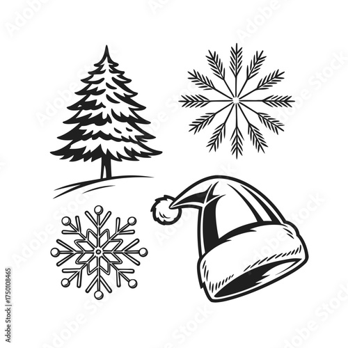 Christmas icons set featuring tree snowflake starburst and santa hat isolated on transparent background