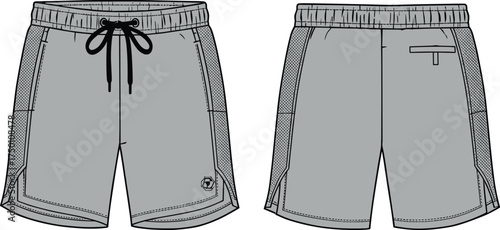Vector illustration of men’s sports shorts front and back view, activewear fashion flat sketch design template with drawstring waistband and side panels