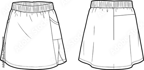 Vector illustration of women’s athletic skort with elastic waistband and side pocket, front and back fashion flat sketch template for activewear