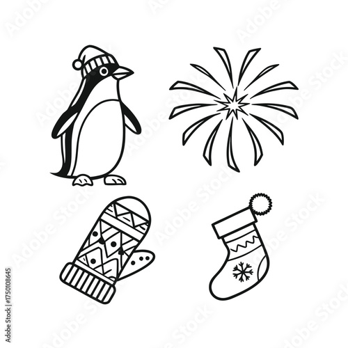 Set of four hand-drawn doodle icons representing celebration and creativity isolated on transparent background