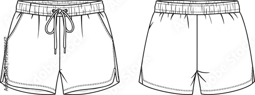 Vector illustration of unisex casual shorts front and back view, fashion flat sketch design template, drawstring waistband, activewear and sportswear clothing
