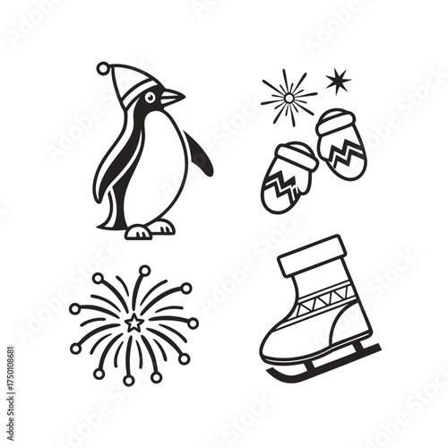 Festive winter icons penguin christmas stockings fireworks ice skate celebration isolated on transparent background