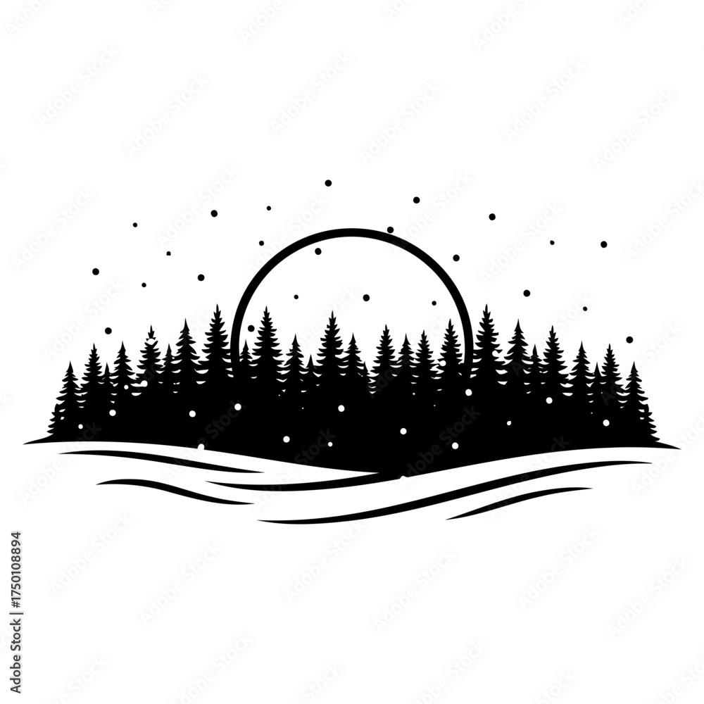 Obraz premium Winter snow activities vector art of silhouette of a forest with moon and snow