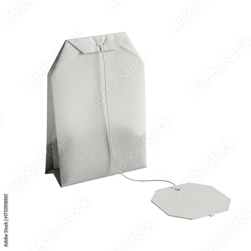 A single white paper tea bag with string and tag isolated on a dark backdrop illustration