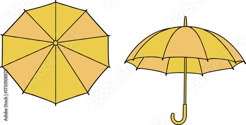 Vector illustration of yellow umbrella in top and side view, open canopy design, rain protection accessory, simple flat drawing isolated on white