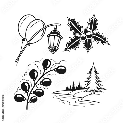Ornate botanical line drawings of leaves berries and seed pods artfully arranged for decorative elements isolated on transparent background