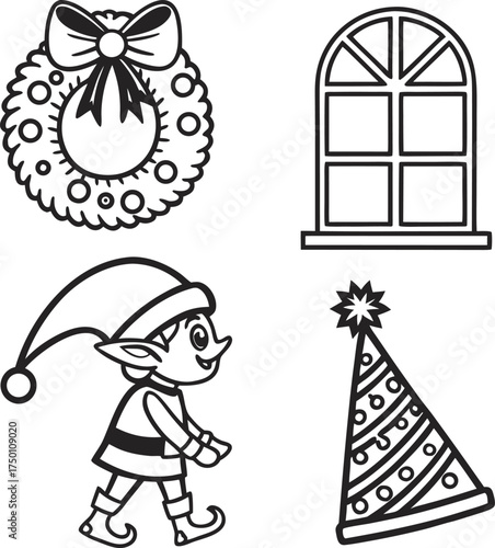 Festive christmas icons set featuring wreath elf hat and window for holiday decorations isolated on transparent background