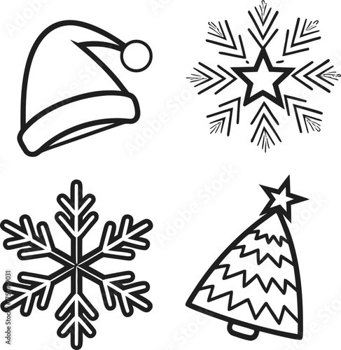Four winter holiday icons santa hat snowflake christmas tree festive celebration isolated on transparent background