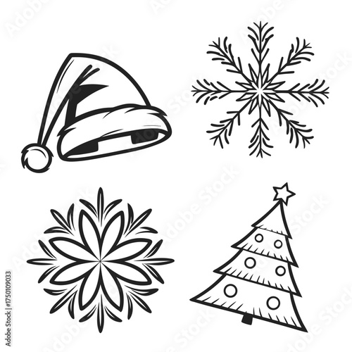 Set of hand drawn christmas icons santa hat snowflake tree festive symbols collection isolated on transparent background