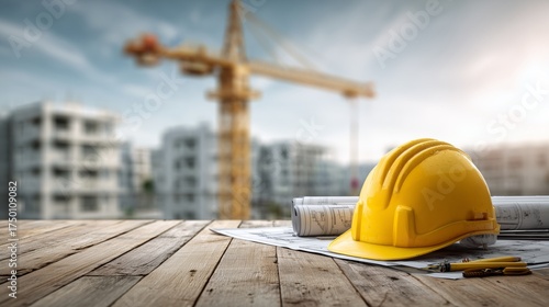 Construction Site With Yellow Hard Hat and Blueprints on Wooden Table