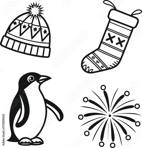 Winter holiday icons set penguin beanie stocking snowflake for seasonal design isolated on transparent background