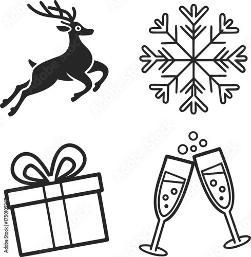 Festive winter holiday icons including reindeer snowflake gift and champagne glasses isolated on transparent background