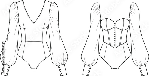 Women bodysuit cad drawing flat vector illustration, long puff sleeve corset style bodysuit fashion template, front and back technical sketch