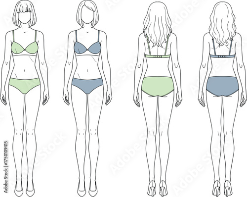 Women lingerie flat sketch front and back view, bra and panty set fashion cad drawing, underwear technical illustration, vector garment design template