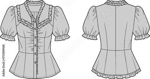 Women puff sleeve blouse with ruffle trim, button front, fitted waist design, stylish fashion apparel flat sketch, cad drawing flat vector illustration