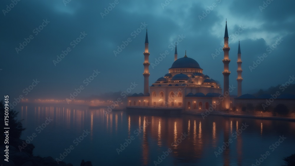 Fototapeta premium Night view of Fatih Mosque in Istanbul Turkey, lit up in the evening.