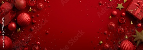 Festive Red Background Decorated With Christmas Ornaments and Gifts During th...