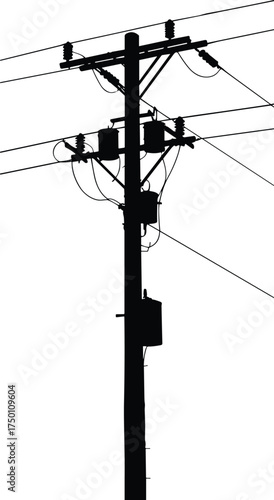 Utility pole silhouette, electrical transformer illustration, power distribution artwork, electricity infrastructure, urban energy grid, 