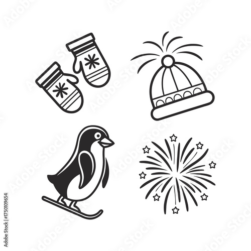 Winter symbols set featuring mittens beanie bird and firework elements isolated on transparent background