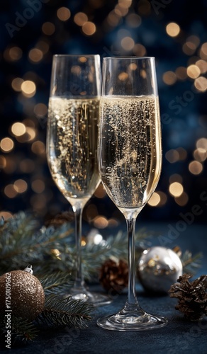 Champagne Glasses Ready for Celebration Near Decorated Christmas Tree With Gl...