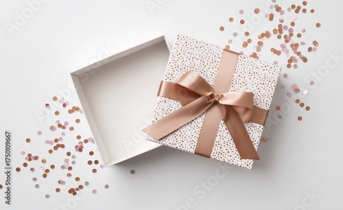 Gift Box With Ribbon Surrounded by Confetti on a Light Background in a Festiv...