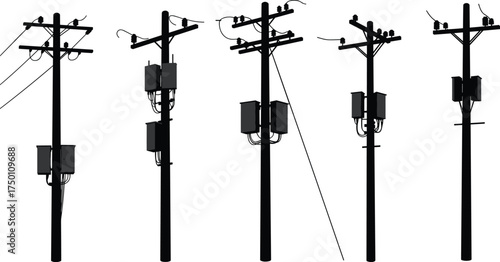 Utility poles silhouette, electrical components illustration, power distribution artwork, electricity infrastructure, 
