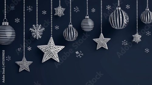 Decorative Silver Ornaments Hanging Against a Dark Background During the Fest...