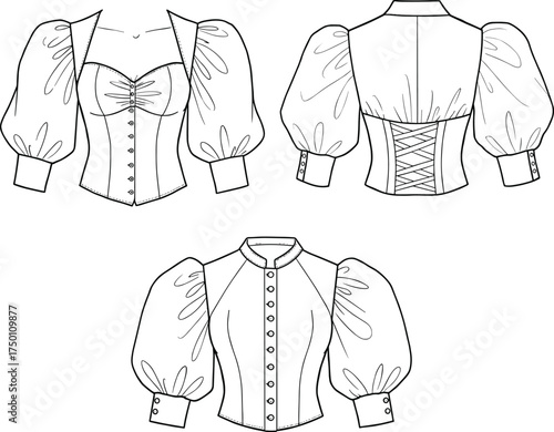 Women’s puff sleeve blouse CAD flat sketch with corset waist, lace up back, button front closure, voluminous sleeves, fashion technical drawing vector