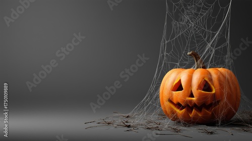 Bright Pumpkin With Spooky Face Surrounded by Cobwebs in a Dark Setting